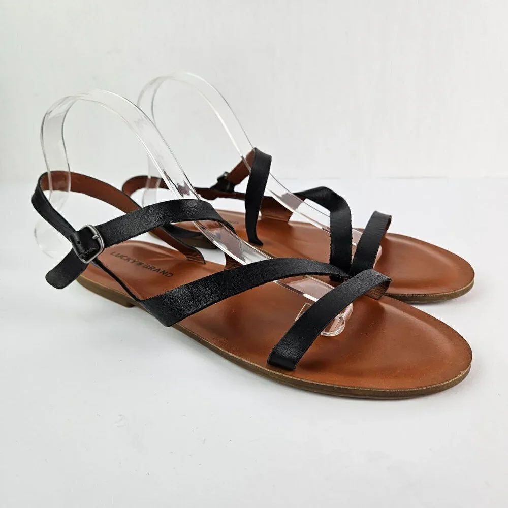 Lucky Brand Alexcia Black Leather Strappy Flat Sandal 11